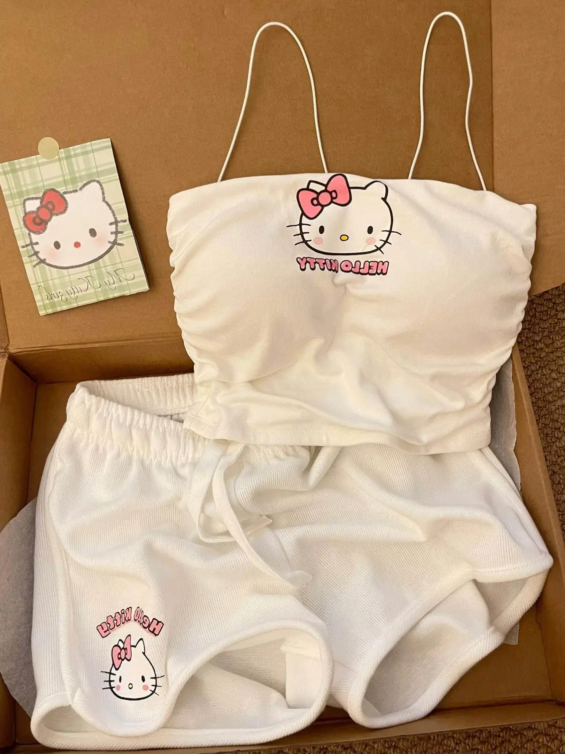 

Sanrio with Chest Pad Pajamas Hello Kitty Kawaii Shorts Suit Girl Student Summer Slim Fit High Quality Suspender Home Clothing