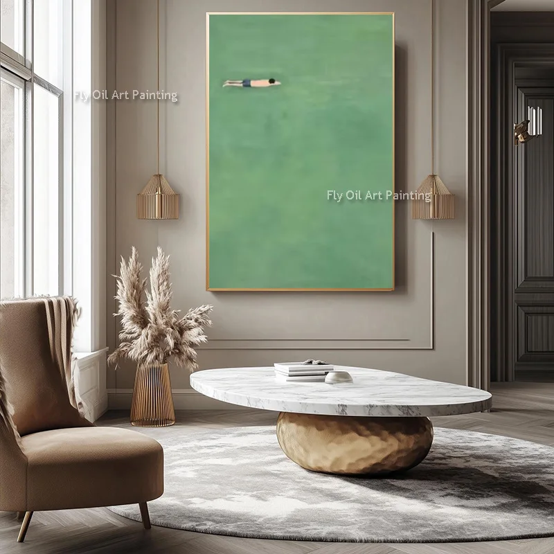 Minimalism Style Wall Art On Canvas New Original Green Blue Abstract Poor People Swimming Thick Oil Painting Handmade Art For De