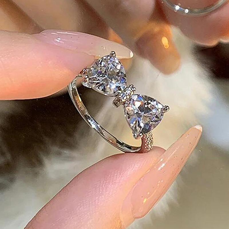 Fashion Romantic Sweet Zircon Crystal Bow Knot Rings Y2K Girls Women Delicate Lovely Blue Pink Heart Ring Party Dating Jewelry