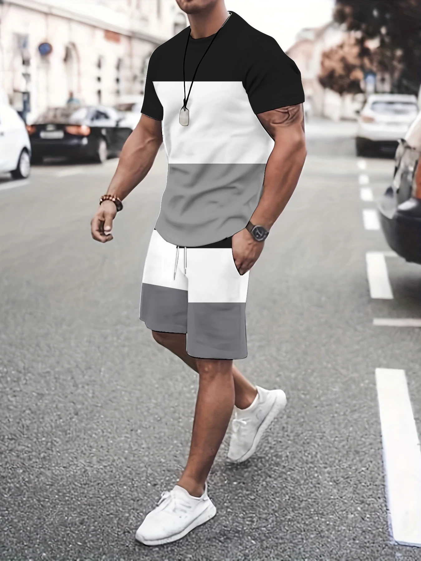 

Модная мужская текстурированная футболка с лоскутным узором контрастного цвета, комплект из двух предметов для повседневной носки