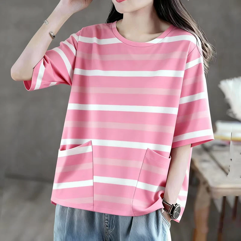 Slimming Loose Fit Printed T-Shirt Women's Korean Style round Neck Short Sleeve Pocket Tee Striped mid Sleeve Summer Top
