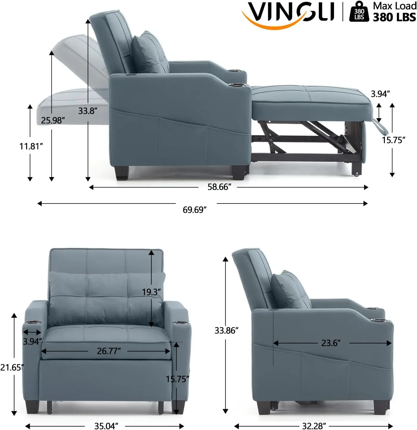 3-in-1 Convertible Sleeper Sofa Chair Bed Pull Out Couch Bed Recliner with Adjustable Backrest, USB Ports, Cup Holders