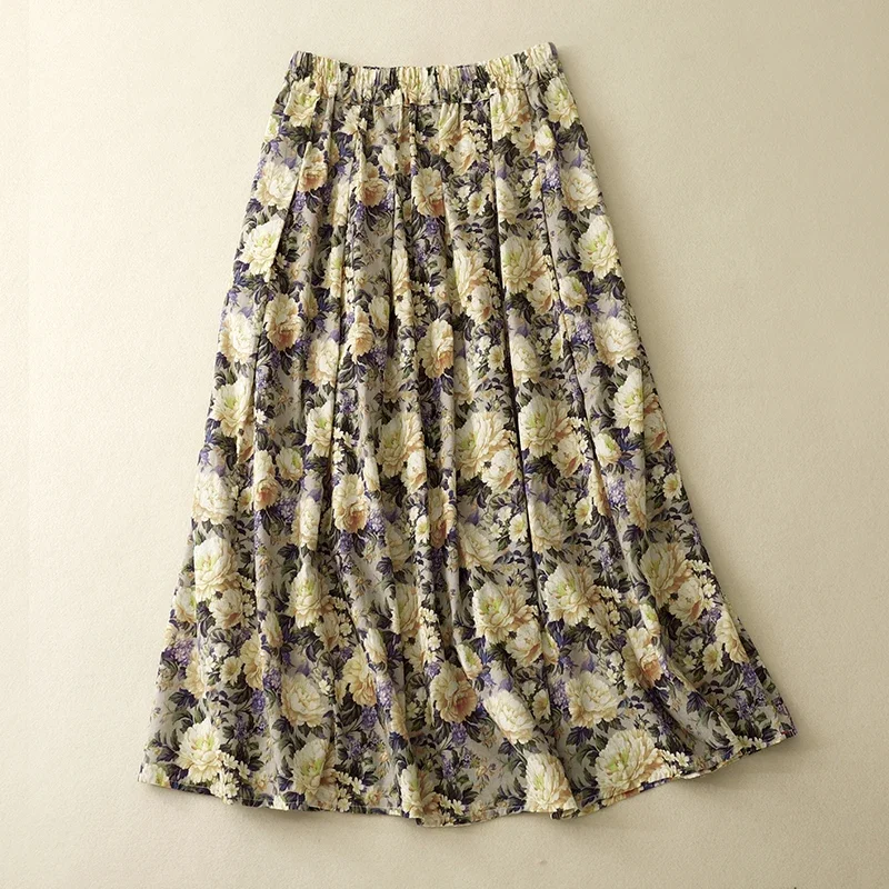 Vintage Women Skirts New Spring/summer Cotton Linen High Waist Loose Printed Chinese Style Skirt A-LINE Clothing 2024 Korean