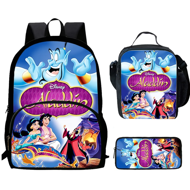 Mochila Cartoon Aladdin Child Schoolbags with Front Pocket,Lunch Bags,Pencil Bags for Aged 5-10,School Backpack for Boys Girls