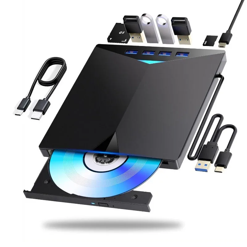 External CD/DVD Drive USB 3.0 Portable DVD Burner with SD/TF Card Reader & 4-Port USB Hub, Compatible with Windows, MacOS, Linux