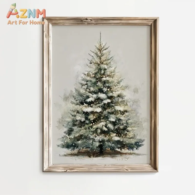 Winter Christmas Tree Canvas Wall Art Snow Dust Pine Tree Minimal Farmhouse Xmas Holiday Home Wall Print Unframed Canvas Poster