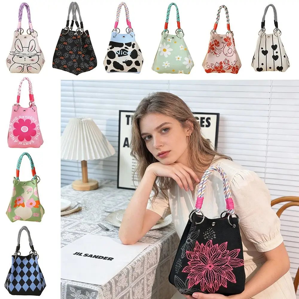 Niedliche Cartoon-Strick-Bucket-Bag mit Großer Kapazität, Gewebter Ringschnallen-Schultertasche, Handgefertigte Tragetasche für Frauen und Mädchen