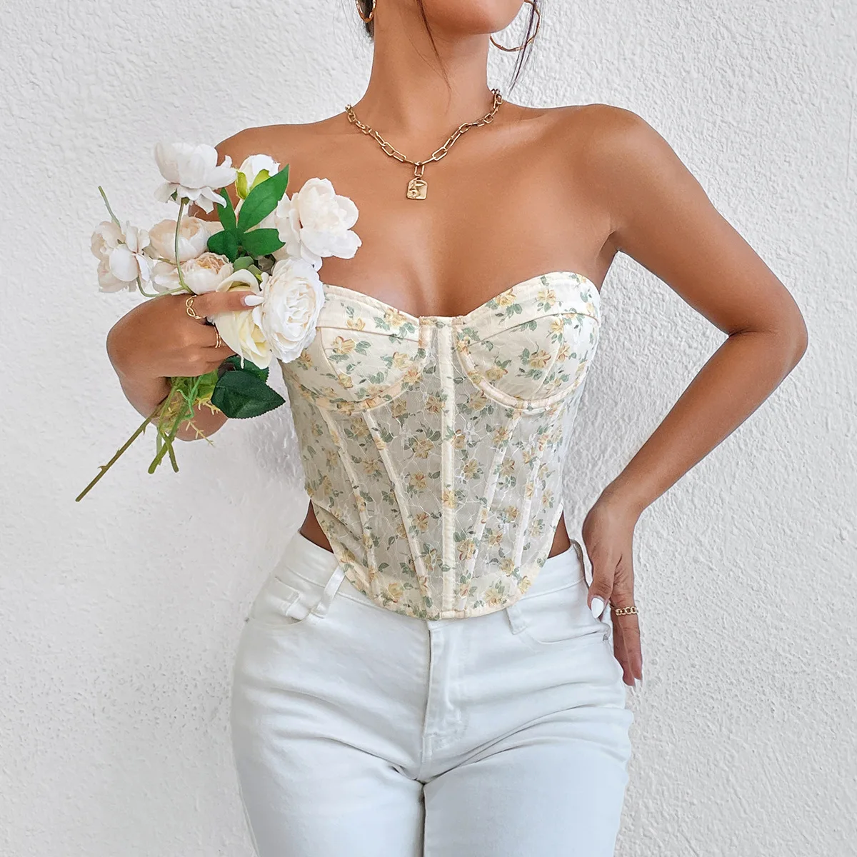 Frauen Floral Top Sexy Spicy Girl Tank Top Low Cut Open Back Blume Eingewickelt Brust Diamant Fisch Knochen Strap Taille Weste Tank Top