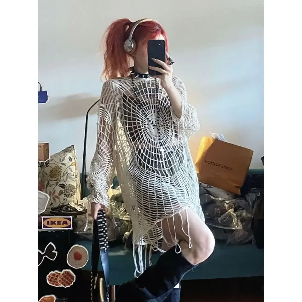 Spider Web Knitted Sweater Women Hollowed Out Hole Grunge Y2k Streetwear Vintage Crochet Long Sleeve Top Harajuku Coat