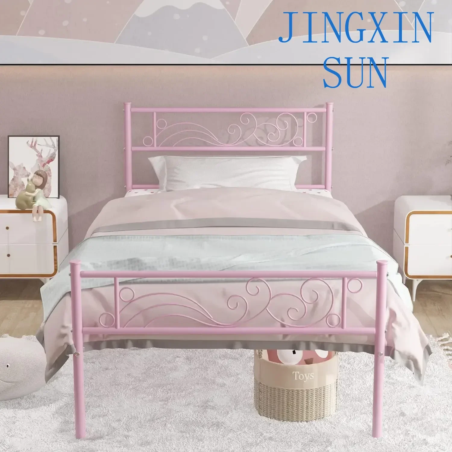 Twin Bed Frames Metal Platform Heavy Duty Steel Slat Under Bed Storage for Kids Pink