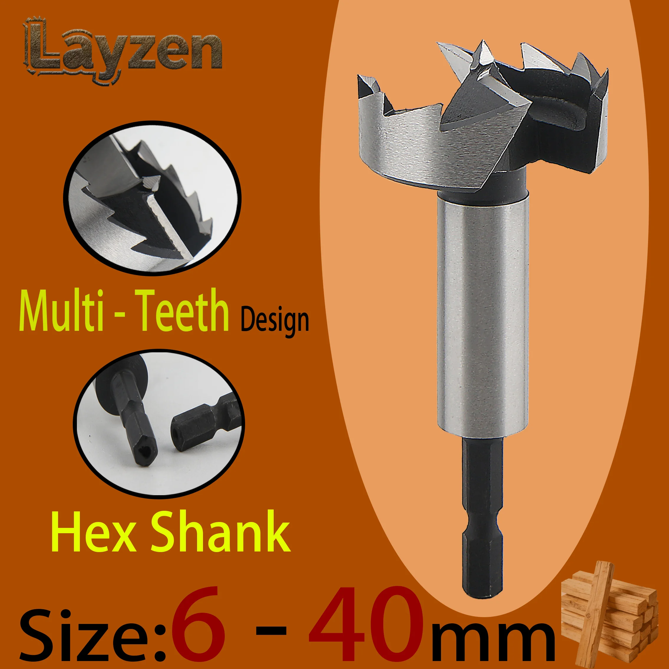 

Layzen 1Pc Forstner Drill Bit 6-40mm Multi-Tooth 1/4"(6.35mm) Hex Shank High Carbon Steel Hinge Boring Woodworking Hole Opener