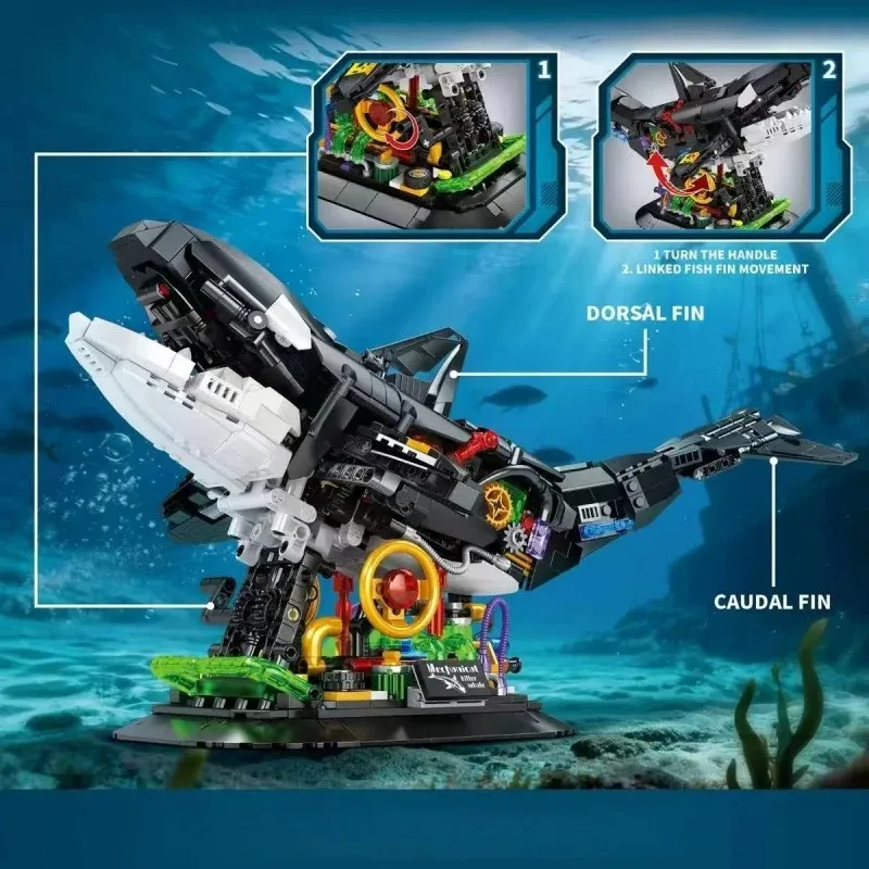 Creative New Marine Life Model Toy Gift Puzzle Mechanical Shark Strap Display Stand and Gear Linkage Building Block Toy Set