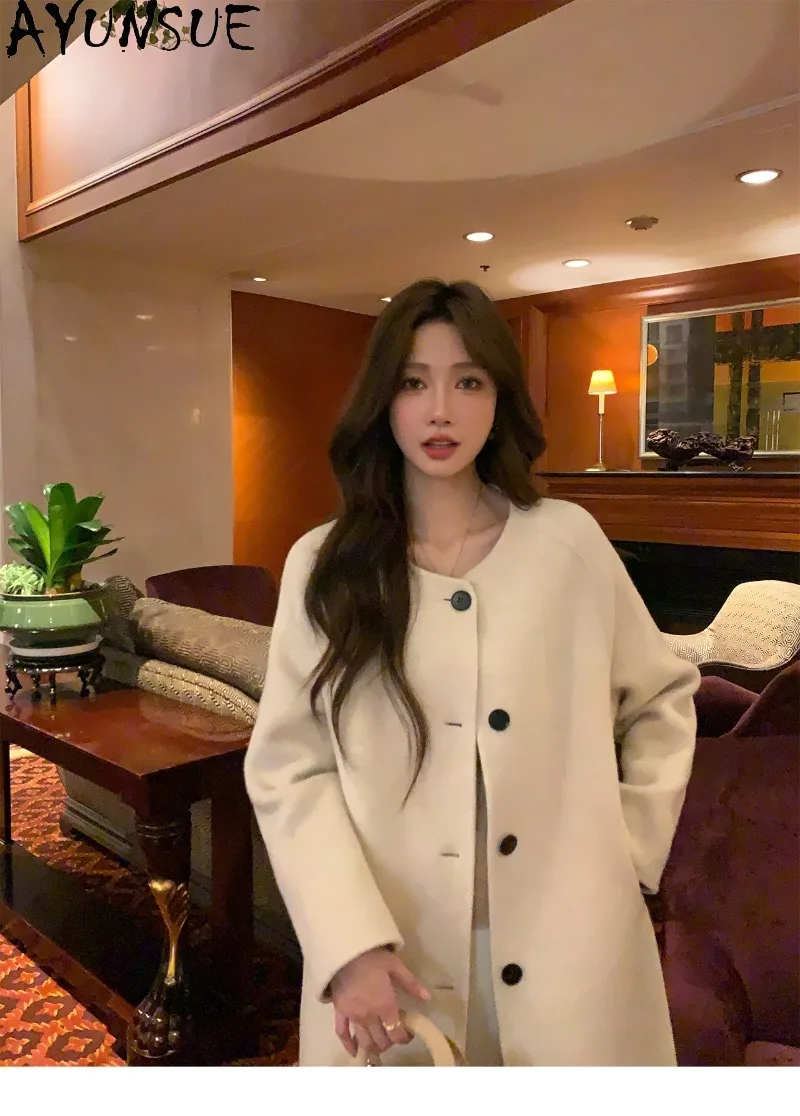 AYUSNUE Womens Double Face Cashmere Coat Wool Overcoat Female Winter Clothes Woolen Long Length Women Fashion Loose Clothing