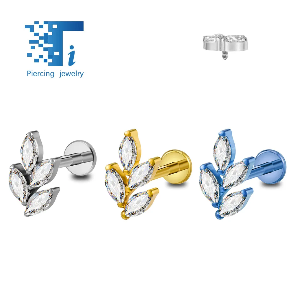 F136 5A Cubic Zircon Inner Threaded Cochlear Nails Horse Eye Leaf Earrings Titanium Piercing Jewelry Ear Bone Studs