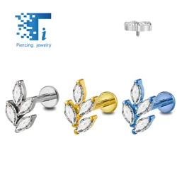 F136 5A Cubic Zircon Inner Threaded Cochlear Nails Horse Eye Leaf Earrings Titanium Piercing Jewelry Ear Bone Studs