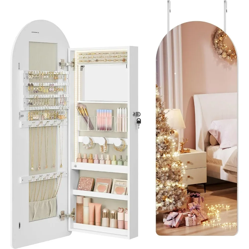 Wide Jewelry Organizer, LED Jewelry Cabinet Wall/Door Mounted, Arched Mirror with Storage, Lockable, Rounded Corner, Interior