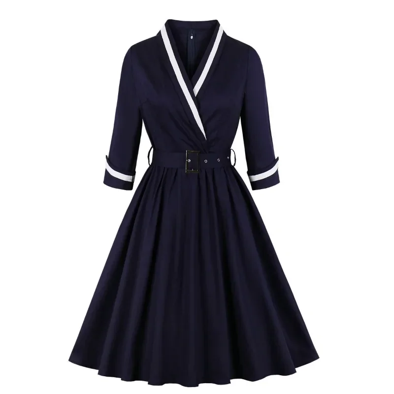 2024 New Hepburn Vintage Style Wrap Belted Elegant Pleated Autumn Dress Women Winter Robe Femme 3/4 Length Sleeve Cotton Dresses