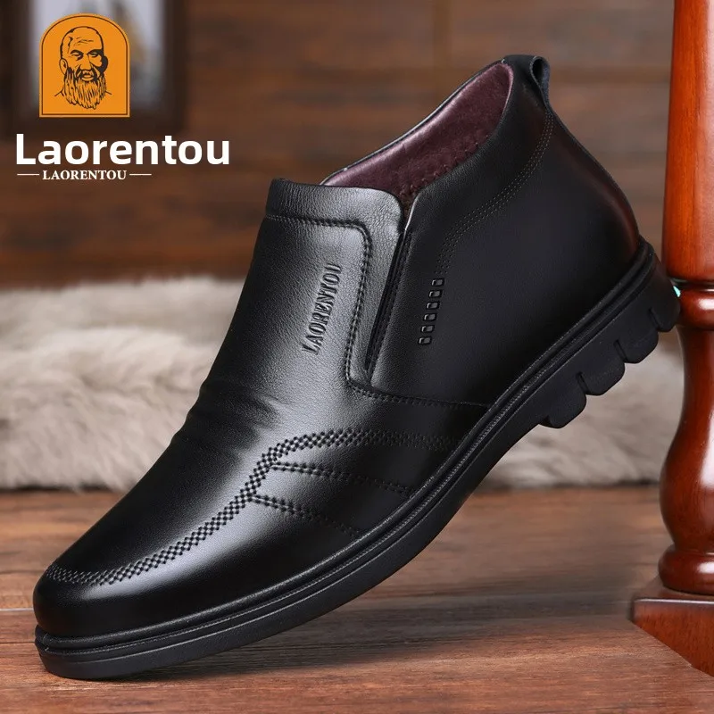 

Мужские утепленные высокие ботинки из хлопка на флисовой подкладке, без застежек, для снега, с резиновой подошвой, повседневные кожаные ботинки