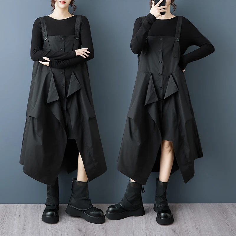 Dark Style Splicing Strap Dress Women's Fashion Mismatched Layering Sensation Midi Dress Button Closure Loose Fit Autumn Wear