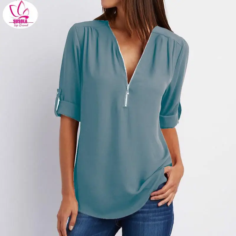 SUSOLA Lady Spring Summer Loose Chiffon Blouse Shirts Casual Long Sleeve Women's Tops Blouses V Collar Zipper Female Clothes