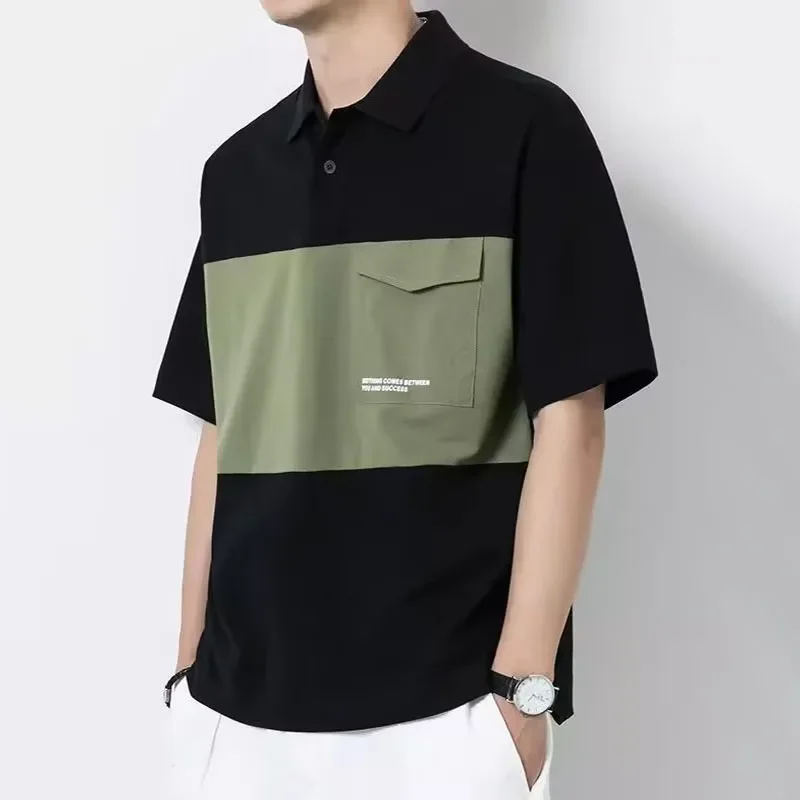 Summer Men Casual Polo Shirts Short Sleeve Pocket Turn-down T-shirts Loose Breathable Male Fashion Patchwork Tops Oversize Tees