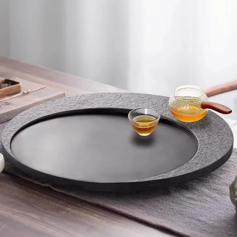 Round Natural Black-Gold Stone Tea Tray  Zen Tea Table Set Board  Feng Shui Brings Fortune