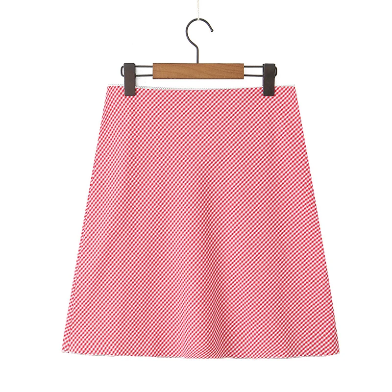 YENKYE New Women Cotton Red Plaid Summer Skirt Sexy Low Waist Knee Length A-line Lady Skirts