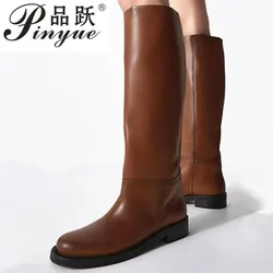 Women's Chunky Heel Brown black vintage cow leather boots Leather Boots Long Booties Knee High Boots for Ladies Motorcycle Boot