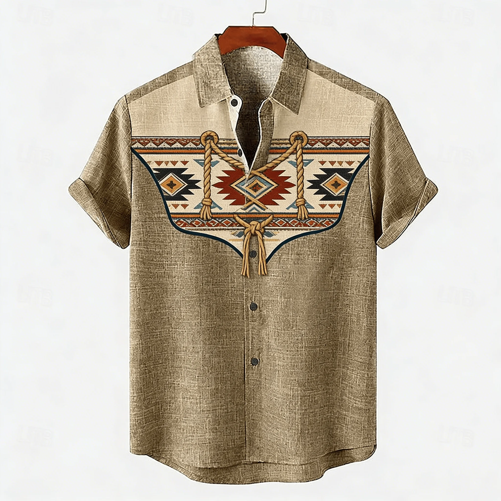 Men's Tribal Mask Print Short Sleeve Shirt, Ethnic Totem on Western Style Color Block Design Button Down for Spring Summer