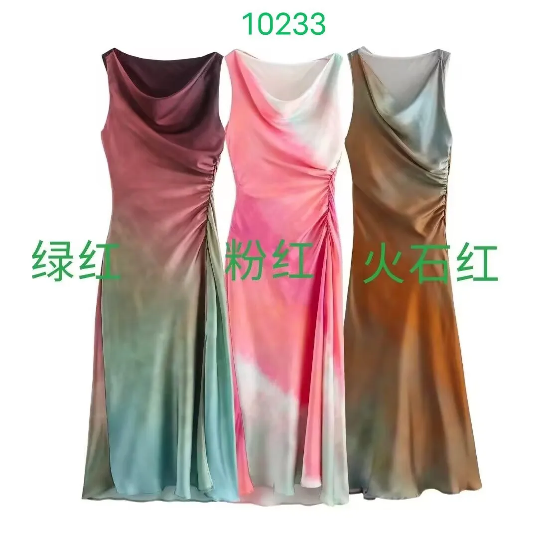 المرأة الجديدة التعادل صبغ طباعة الساتان أكمام مطوي سليم صالح فستان ميدي #1