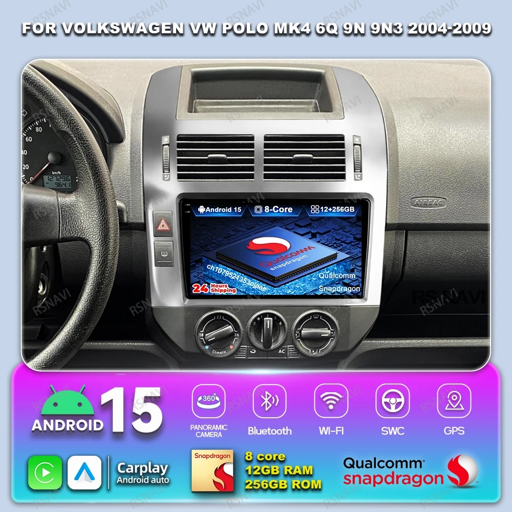 Android 15 Car Radio For  Volkswagen VW Polo MK4 6Q 9N 9N3 2004-2009 Stereo Navigation DSP Head Unit QLED BT Viedo Player GPS