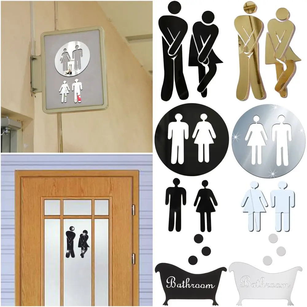 DIY Bathroom Door WC Decoration Toilet Entrance Sign Mirror Surface Decal 3D Wall Stickers Woman & Man