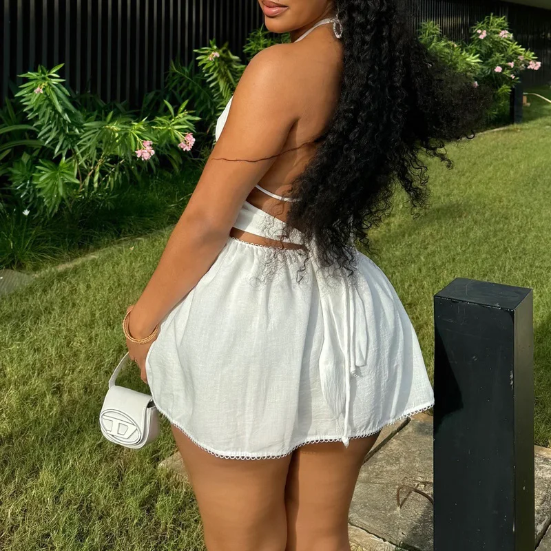 Slergiri Damska Biała Sukienka z Wycięciami i Koralikami, Wiązana na Szyi, Jesień 2024, Seksowna, Bez Pleców, z Wysokim Stanem, Słodka Sukienka na Imprezę, Krótka Sukienka w Kształcie Litery A