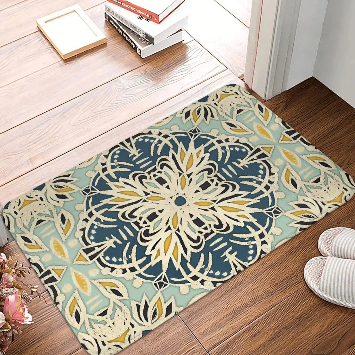 Geometric Patterns Bathroom Mat Protea Pattern In Deep Teal Cream Sage Green Yellow Ochre Doormat Flannel Carpet Outdoor Rug