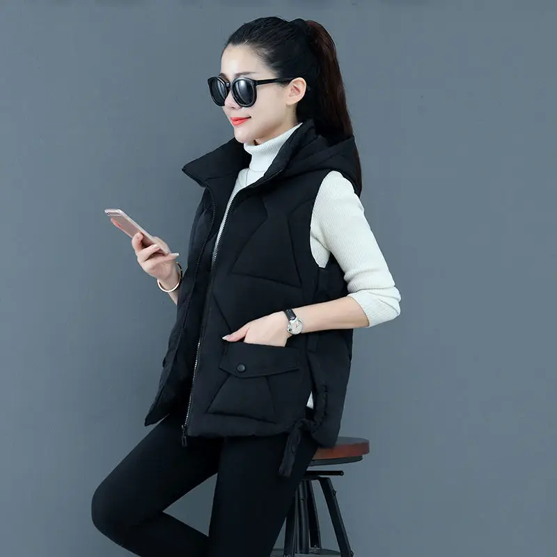 2024 Winter Vrouwen Solide Los Vest Met Capuchon Korte Vest Bovenkleding Katoenen Gewatteerd Vrouwen Warm Vest D33