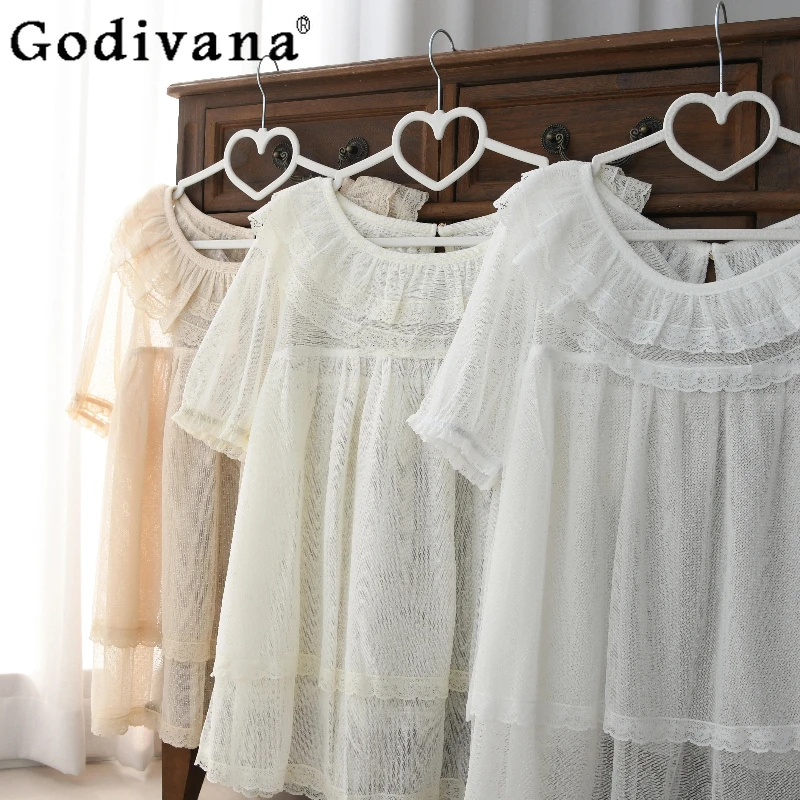 

Japanese Style Soft Girls Lolita Mesh Thin Shirt Summer Sweet Cute Lace Ruffle Collar Short Sleeve Blouses Women's Tops 2025