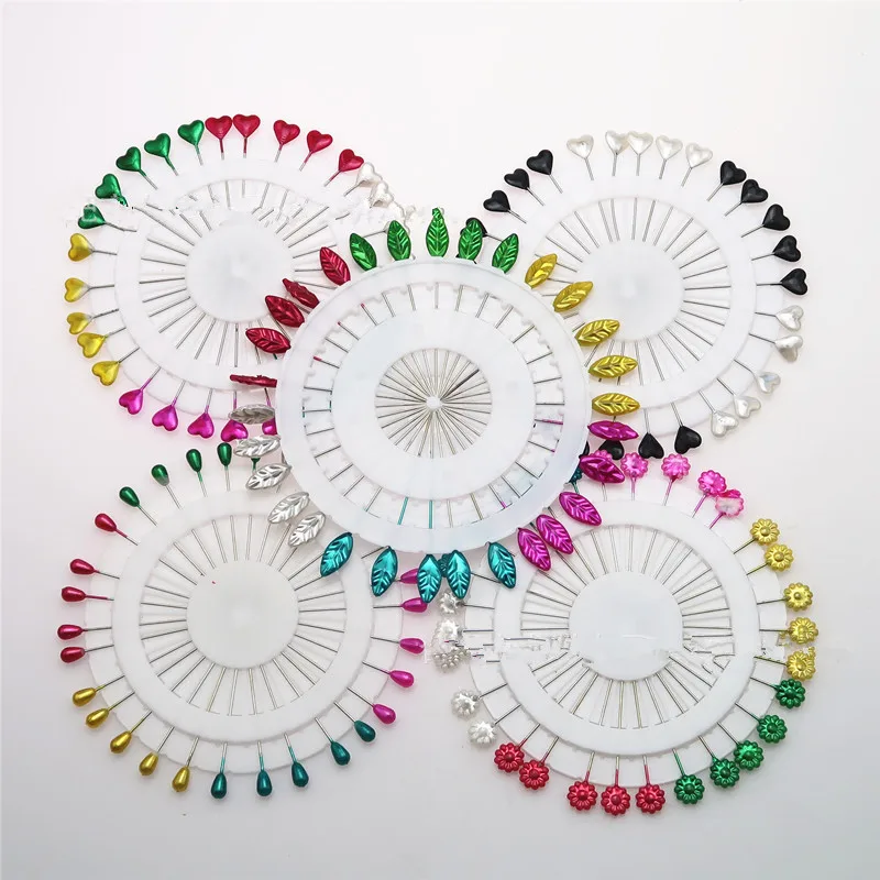 30pcs DIY Heart Head Dressmaking Pins Round Pearl Head Pins Decorative Sewing Pin 4 Wheels Color Assorted Pinwheel Needles