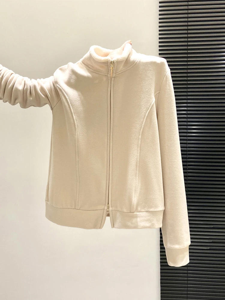 

Lamb Fur Splice Stand Collar Brued Double Sided Velvet Long Sve Women's Autumn Winter New Double Zipper Open Cardigan Ba...