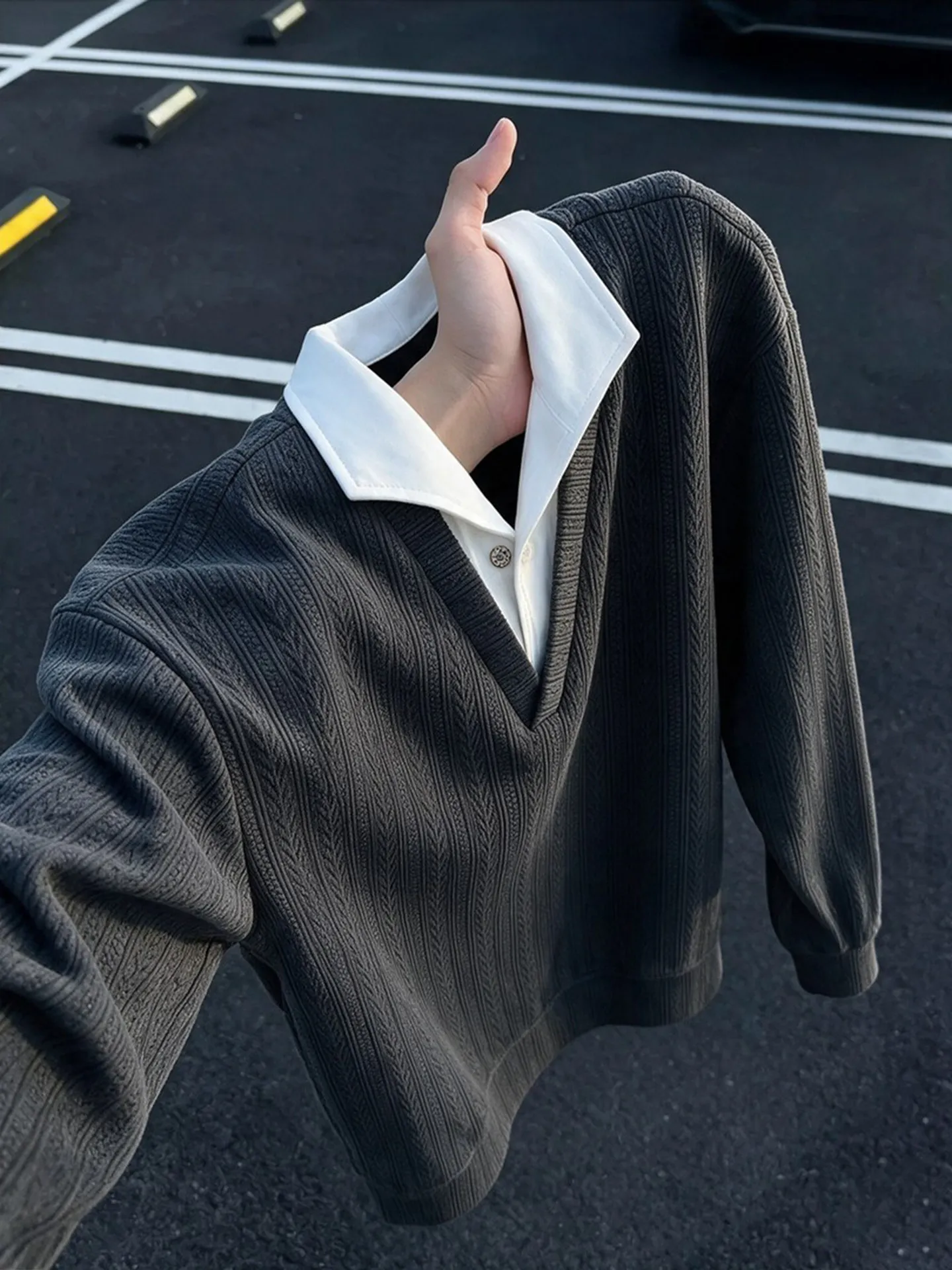 Men's Long Sleeve  Shirt Spring Autumn Style Fake Two-Piece Wheat Ear Pattern Turn-down Collar Casual Fashion for Youth