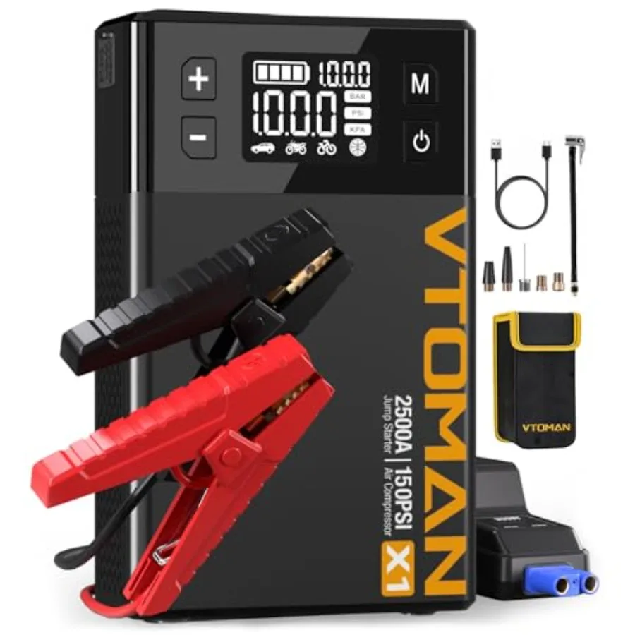 

Пусковое устройство X1 с компрессором для автомобильных аккумуляторов 12В, черное, для двигателей до 8.5 л (бензин) / 6 л (дизель), насос для подкачки шин 150 PSI