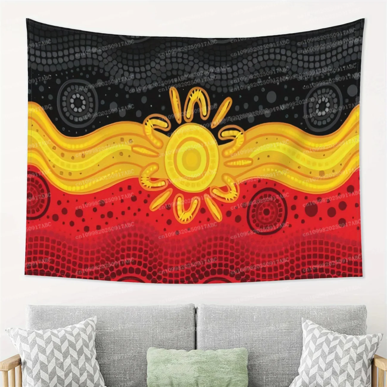 Wandteppich im indigenen Flaggen-Design – lebendige Aborigine-Kunst-Wandbehang mit Sonnenmotiv und Stammesmustern, horizontales Dekor