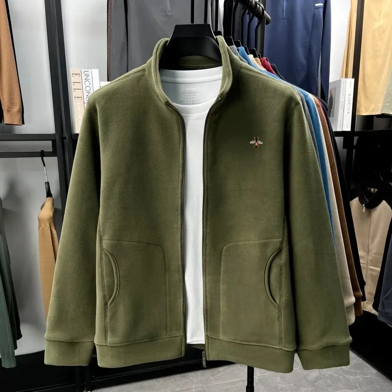 

High quality velvet warm jacket men's winter new trend brand Little Bee embroidery zipper jacket loose casual thick sweatshirt
