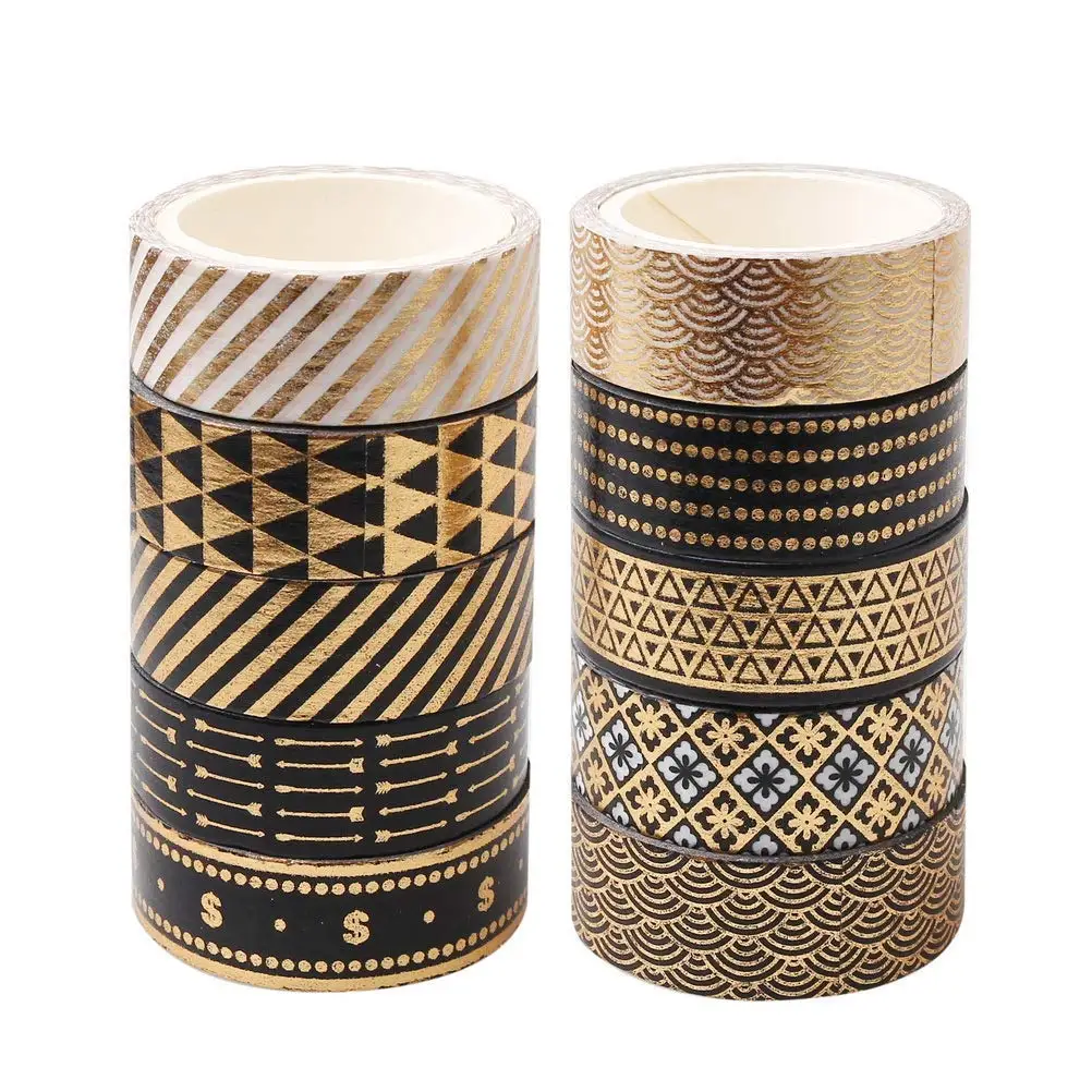 Black Gold Washi Tape Set 10 Rolls Basic Foil Print Decorative Masking Tapes for Arts, DIY Crafts, Journals, Planners, Scrapbook