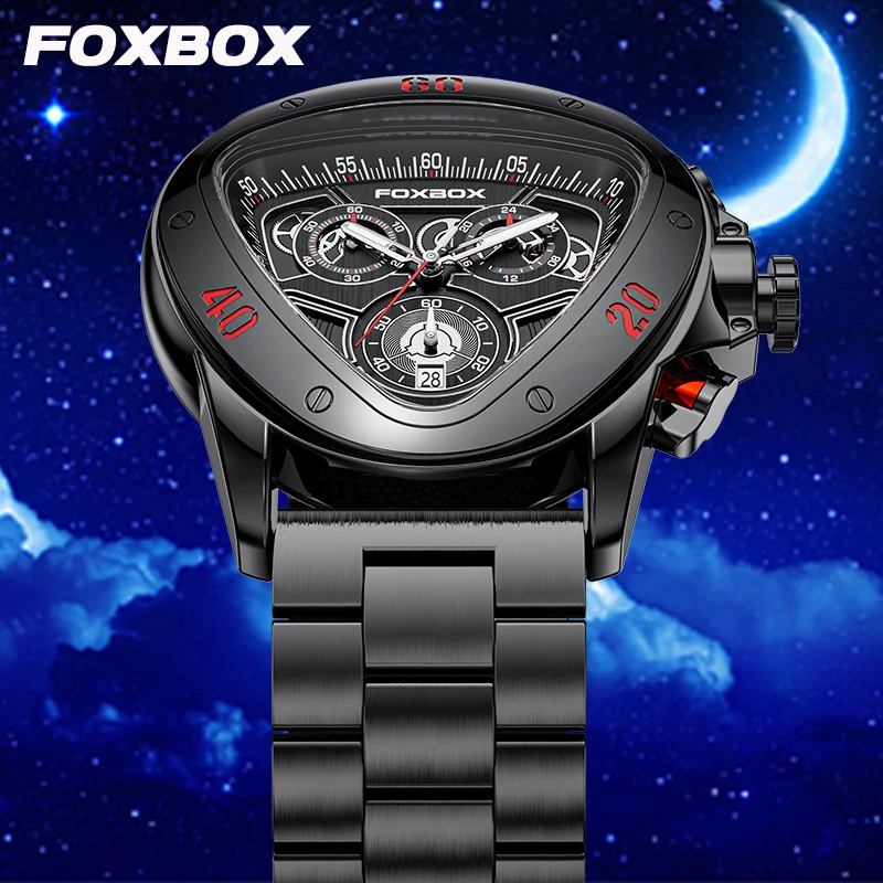 FOXBOX Top Brand Luxury Man Watch Creative Triangle Wristwatch Stainless Band Casual Sports Quartz Date Business Watches for Men