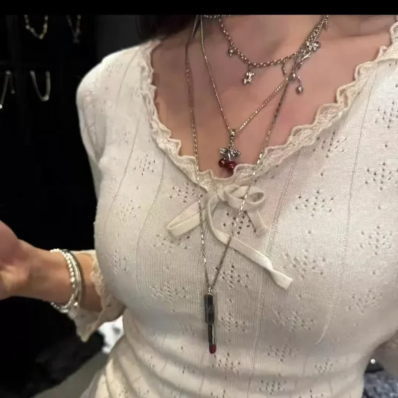 Korean lipstick necklace temperament versatile high sense long sweater chain personality niche design lipstick pendant women