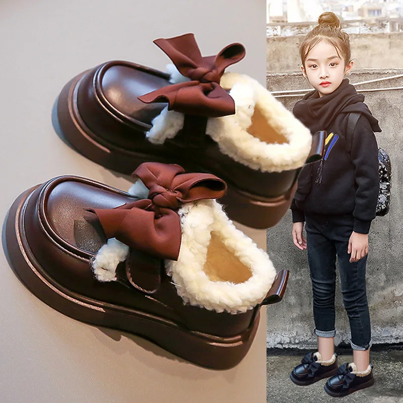 2023 Girl Shoes Cotton Shoe Warm Shoes Girl Plush Thickened Winter Shoes for Girl Princess Leather Shoe Mary Jane Zapato Niña