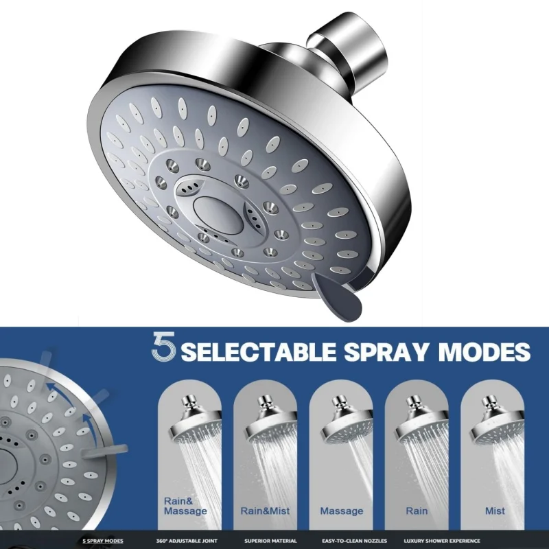 5 Modes 4 Inch High Pressure Shower Head  High Flow Fixed Showerheads Sprayer Bathroom Rain Showerhead Faucet Replacement Part