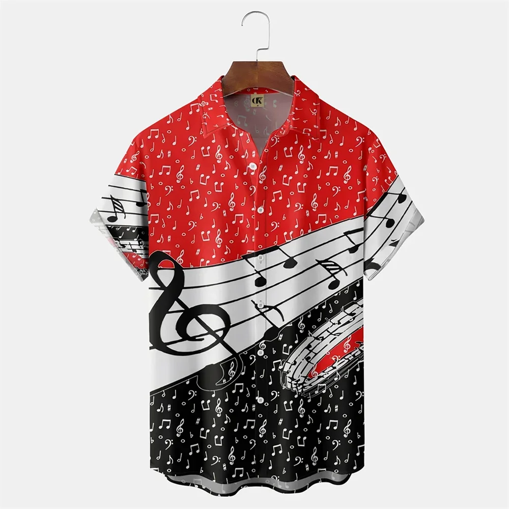 Camisa hawaiana con estampado de notas musicales en 3D para hombre, camisa informal holgada de manga corta, ropa de gran tamaño, 2023