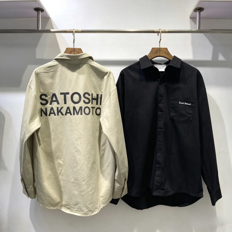 Long Sleeve Washed Satoshi Nakamoto Shirt Men Women High Quality Loose Black Khaki Print Label Shirt V-shape Clothes Blouse