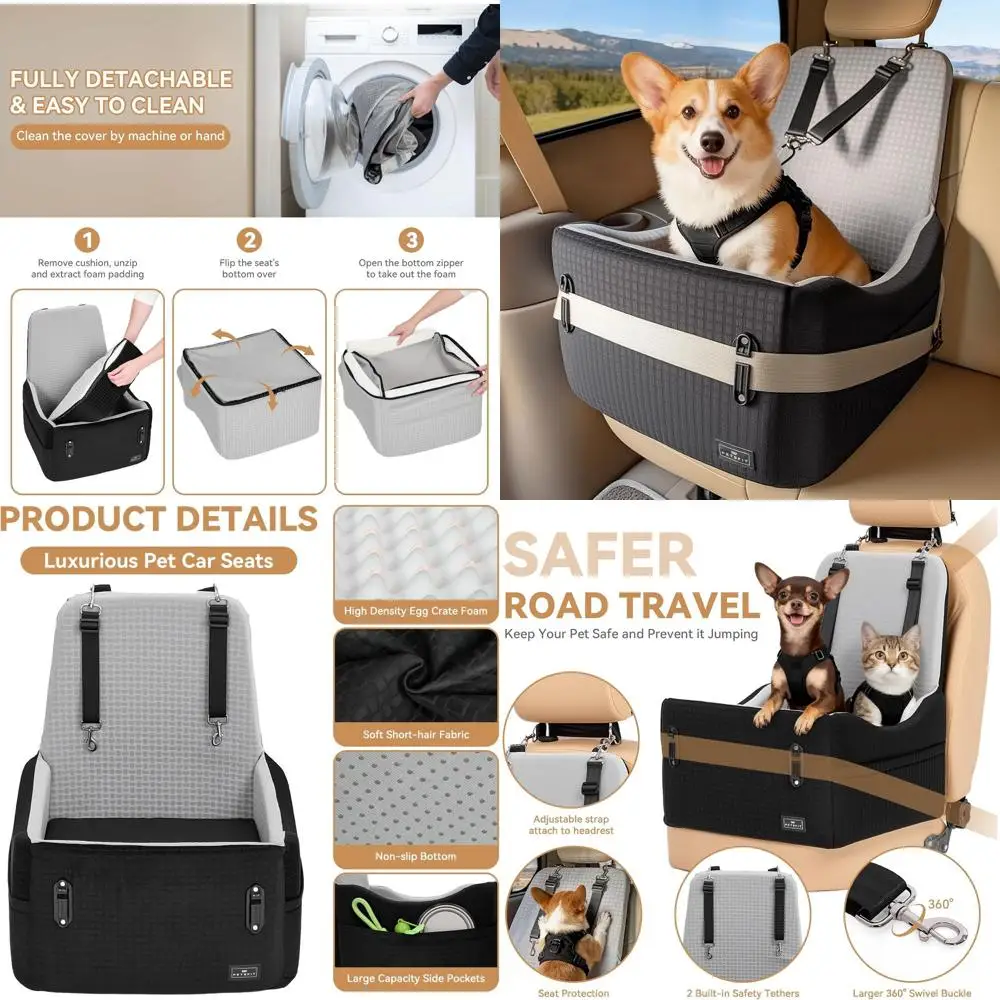 

Memory Foam Pet Car Seat with Safety System for Dogs up to 35 lbs, Detachable and Washable, Includes 2 Storage Pockets (Black &